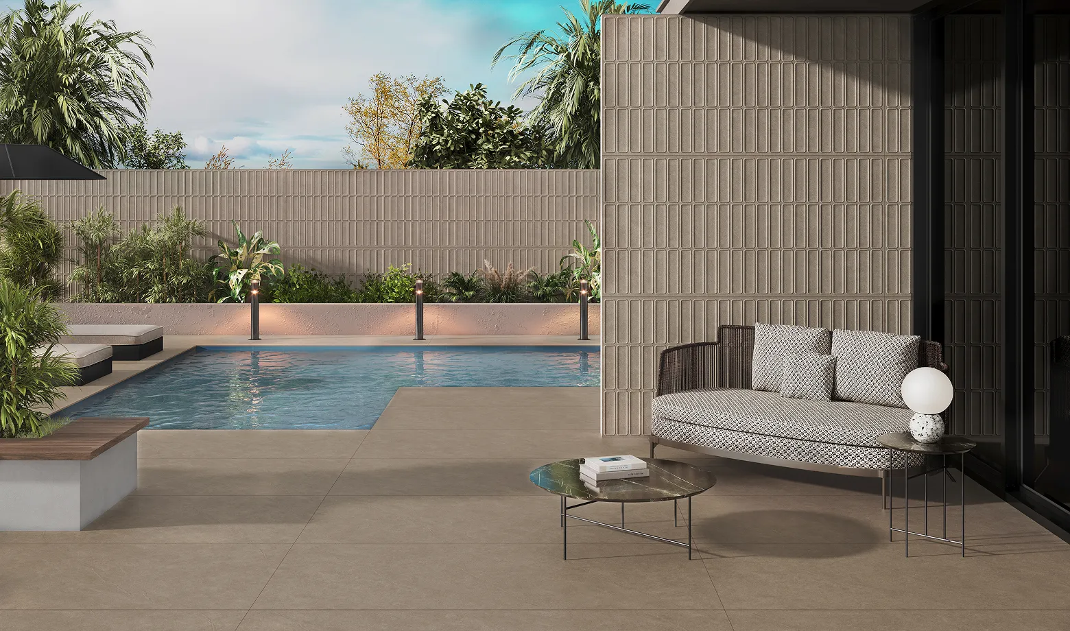 Leopard Vitrified surfaces around a poolside terrace