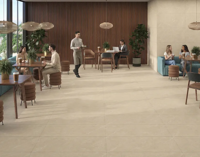 Leopard Vitrified tiles in a cafe interior
